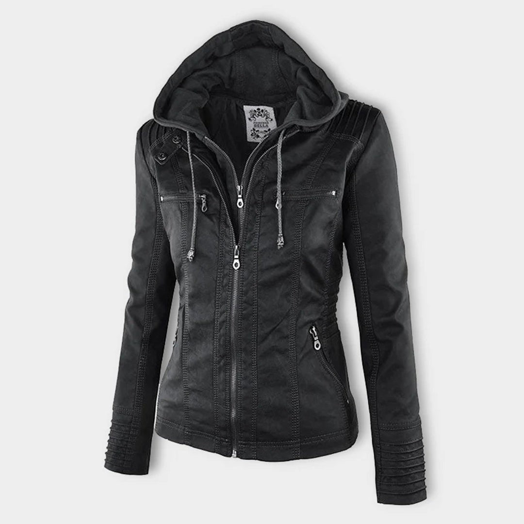 Black faux-leather hooded jacket with zip pockets and drawstring hood