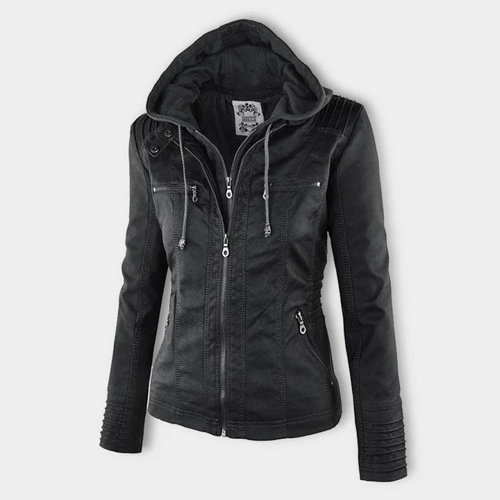 Black faux-leather hooded jacket with zip pockets and drawstring hood