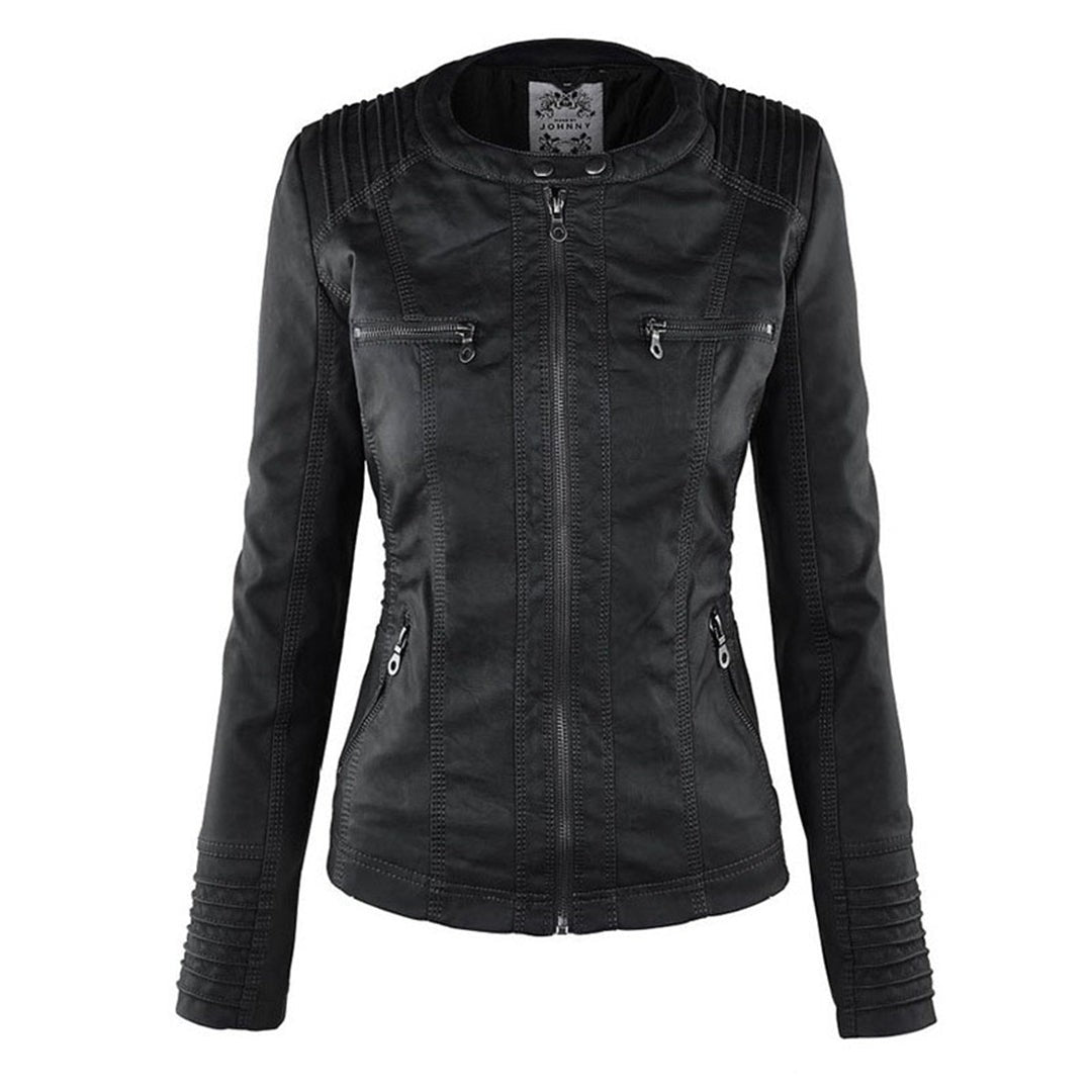 Black faux-leather biker jacket with hood removed, round collar and zips