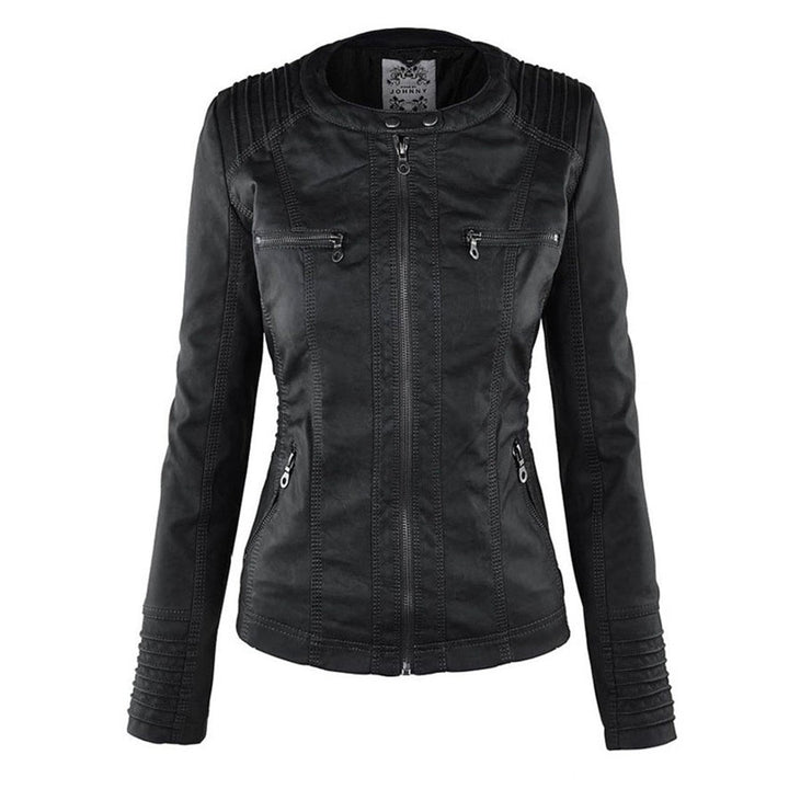 Black faux-leather biker jacket with hood removed, round collar and zips