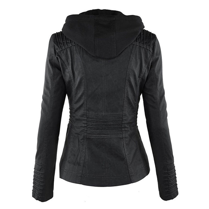 Rear view of black faux-leather hooded jacket with quilted shoulder panels