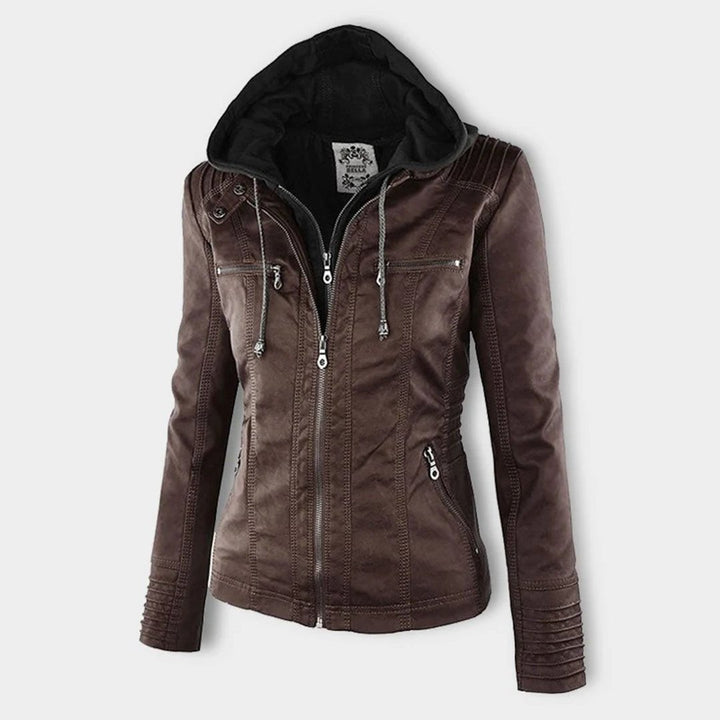 Brown faux-leather hooded jacket with contrasting black jersey hood lining