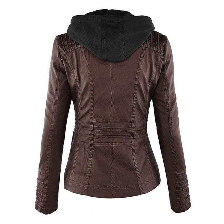 Rear view of brown faux-leather hooded jacket with black hood and stitched panels