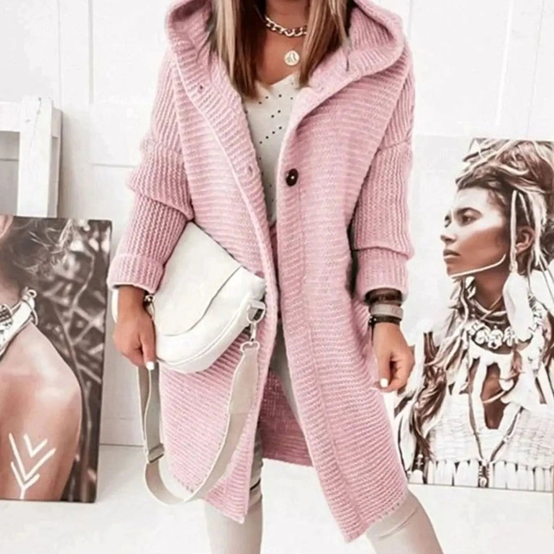 Pale pink hooded knit cardigan, relaxed fit with button detailing at front