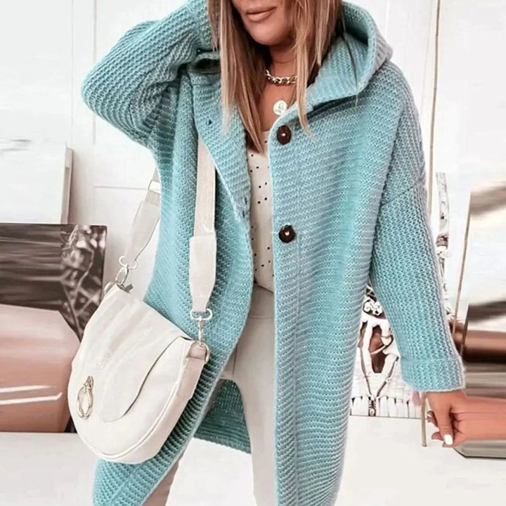 Duck egg blue hooded cardigan in chunky knit with wooden button fastenings
