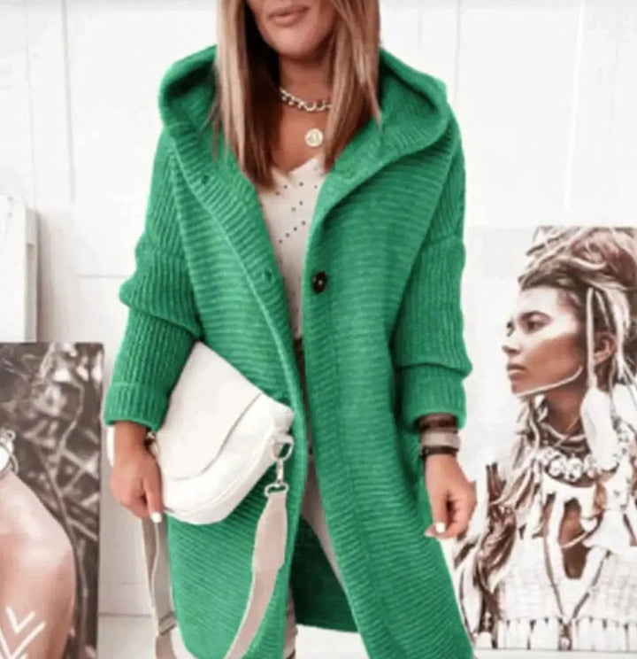 Green longline knit cardigan with relaxed hood and button-up front