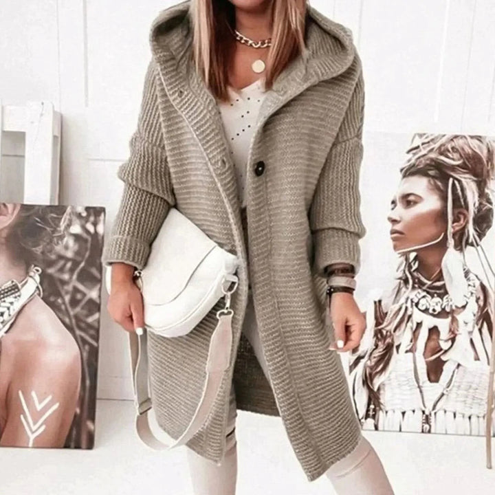 Taupe hooded knit cardigan jacket, oversized fit with ribbed knit detailing