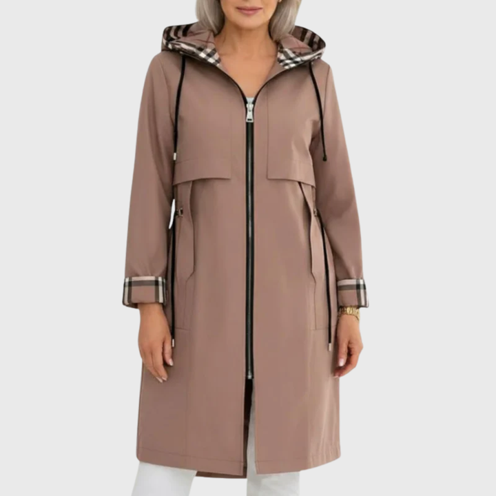Mocha longline hooded trench coat with check-lined hood and drawstring waist