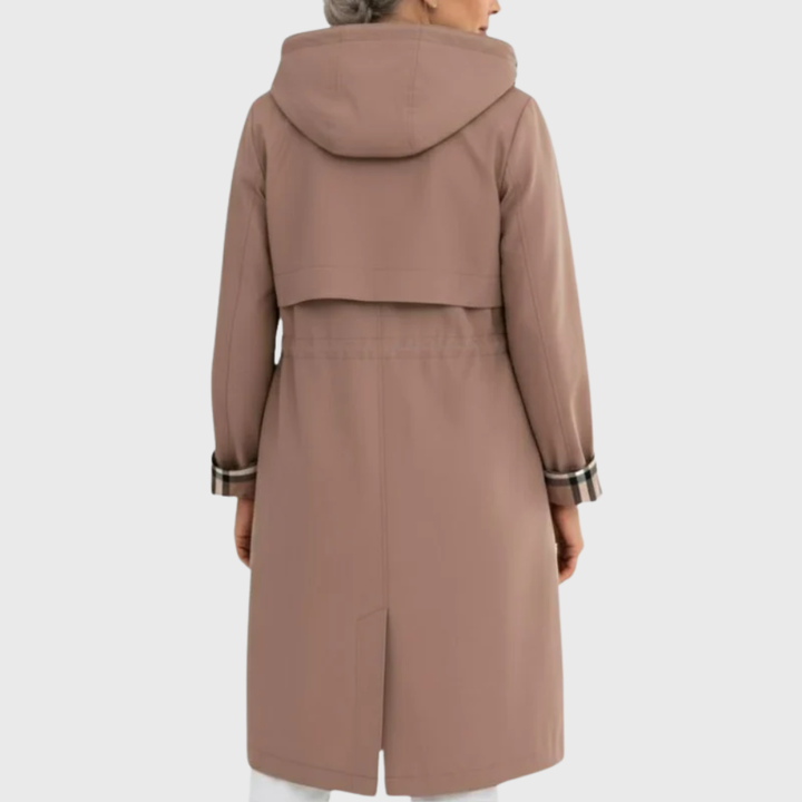 Rear view of mocha hooded trench coat showing cinched waist and vented hem