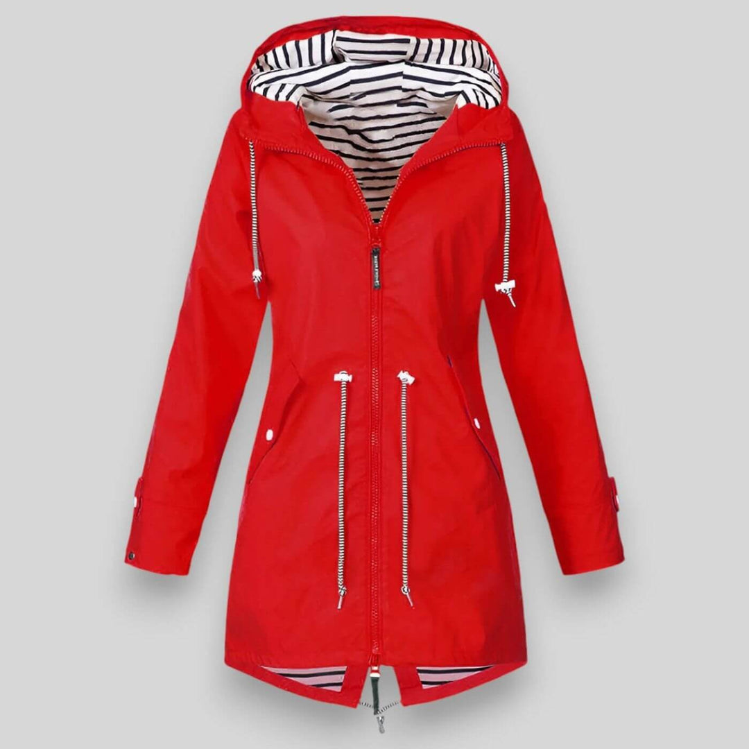 Red hooded rain jacket featuring contrast striped inner lining