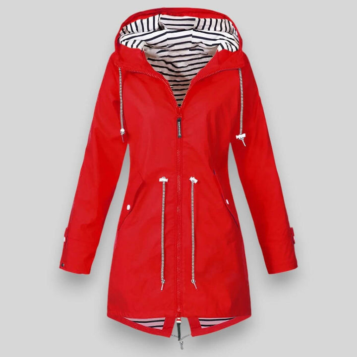 Red hooded rain jacket featuring contrast striped inner lining