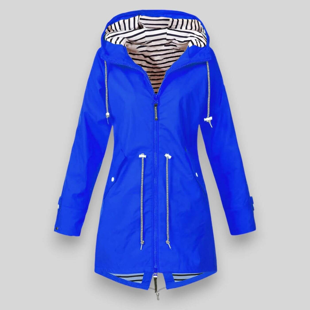 Cobalt blue waterproof jacket with striped hood lining and toggle cords