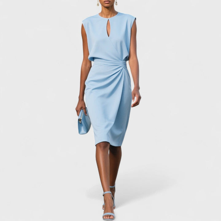 Pale blue keyhole midi dress with ruched waist and cap sleeves