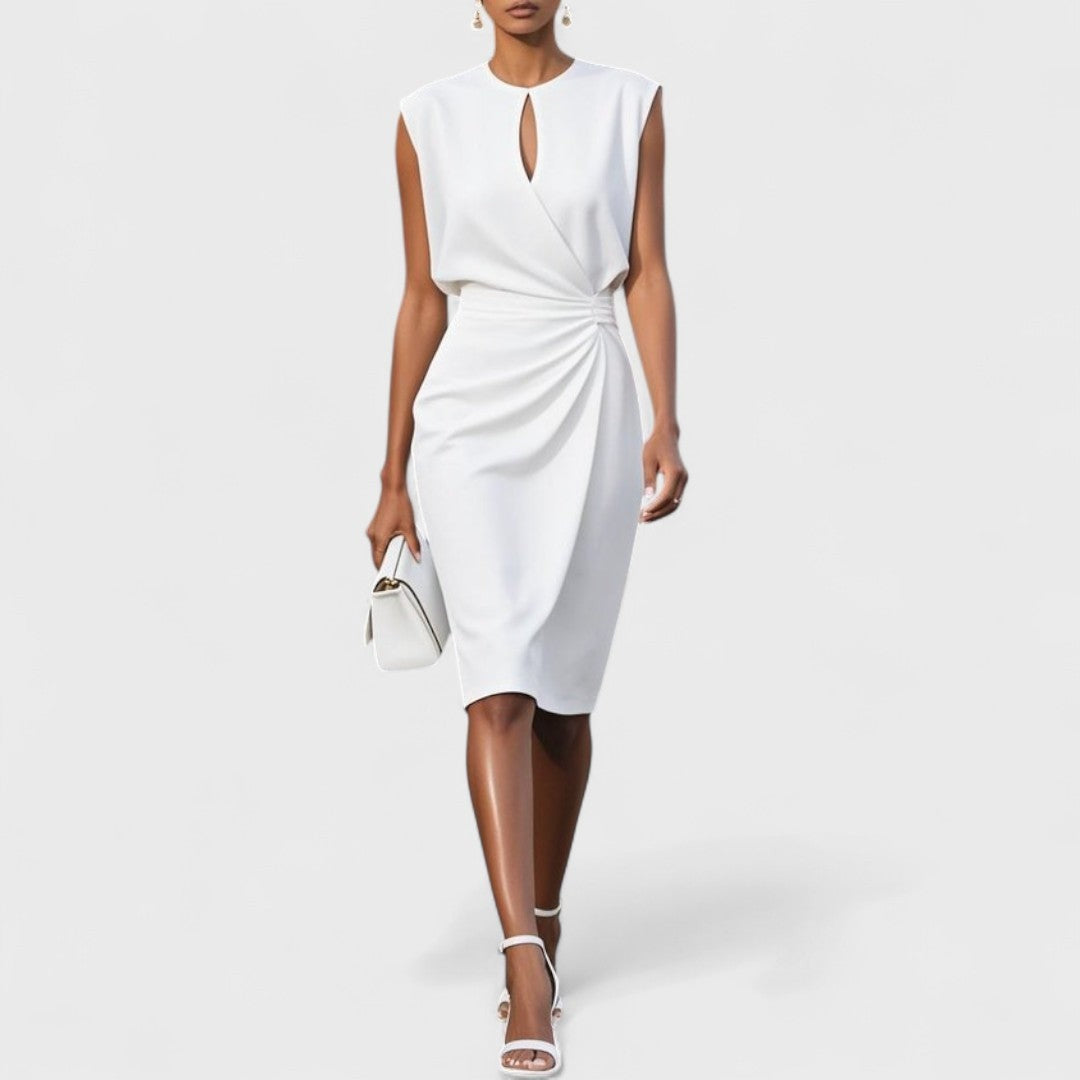 White keyhole midi dress featuring draped waist and sleeveless design