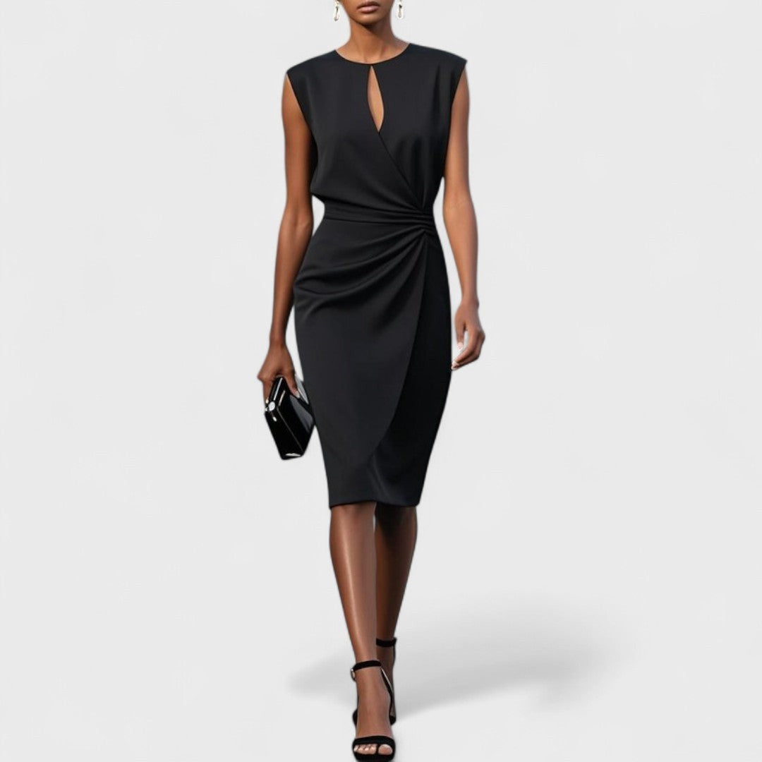 Black keyhole midi dress with ruched wrap-effect skirt and clutch
