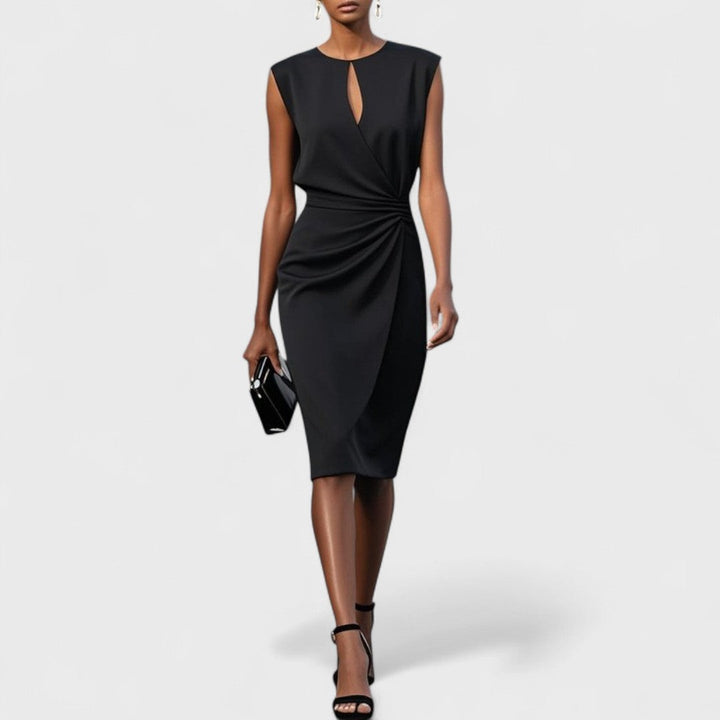Black keyhole midi dress with ruched wrap-effect skirt and clutch