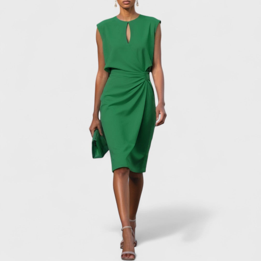 Emerald green midi dress with keyhole neckline and gathered waist detail