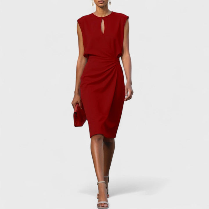 Deep red keyhole midi dress with cap sleeves and ruched skirt