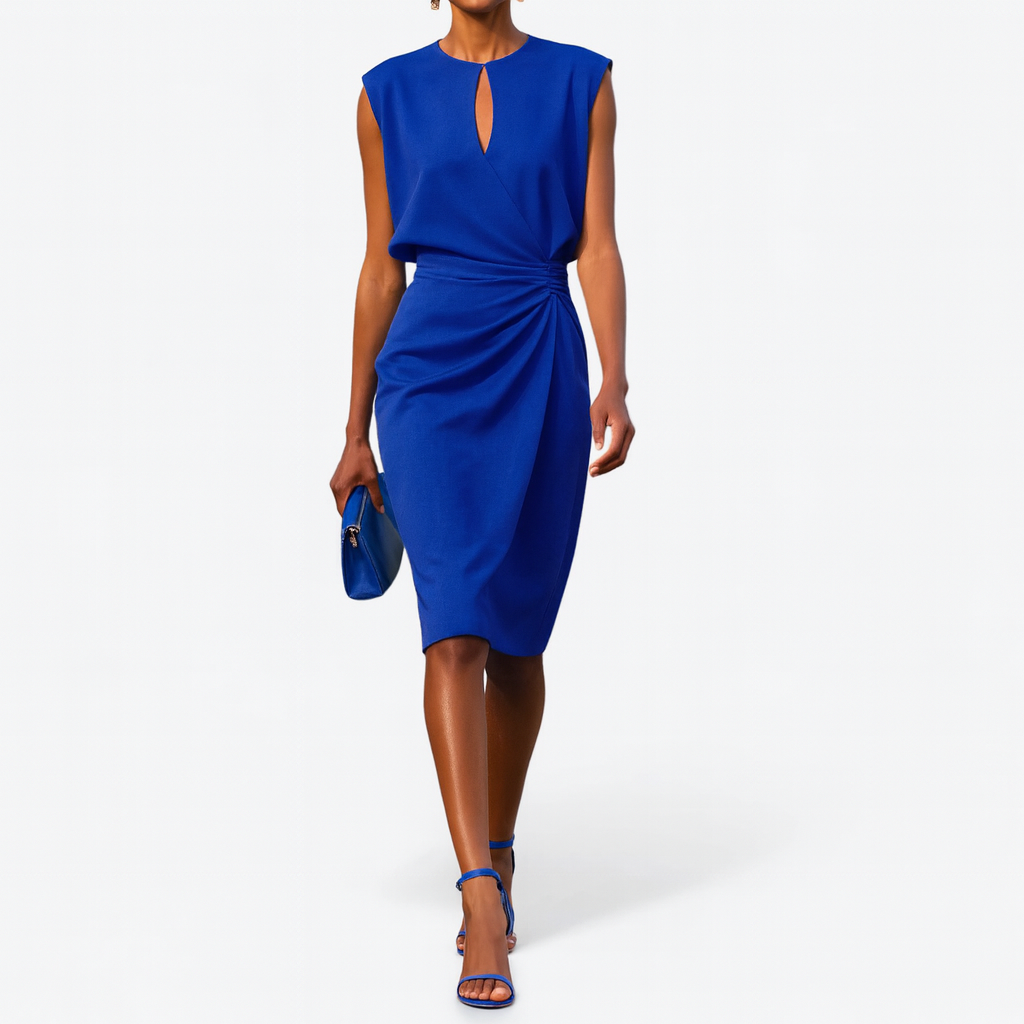 Cobalt blue keyhole midi dress with cinched waist and matching heels