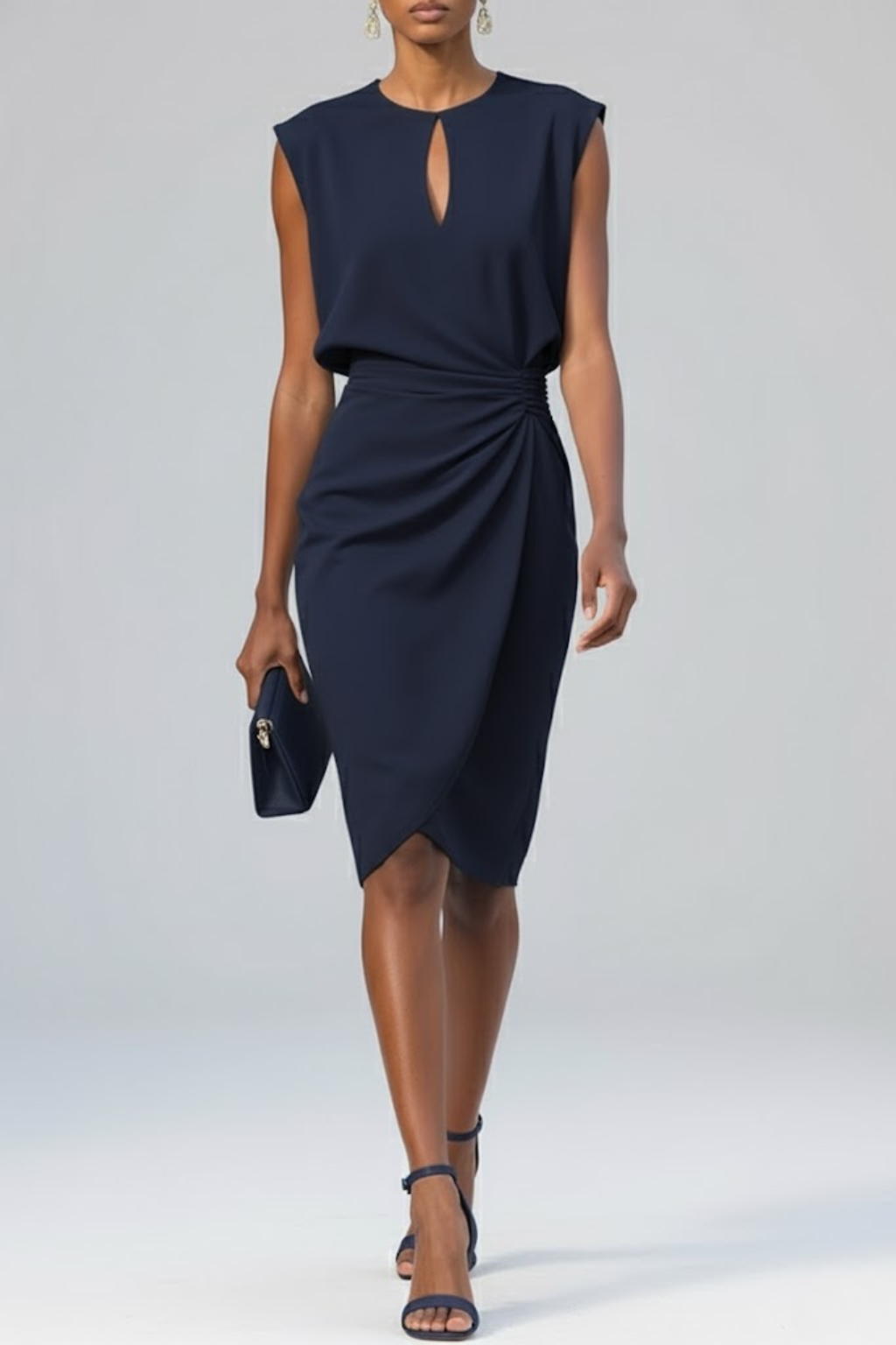 Navy ruched midi dress featuring cap sleeves and wrap-style skirt hem