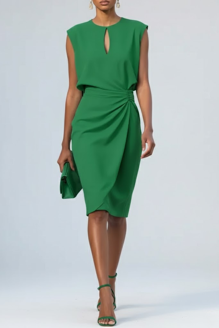 Emerald green ruched midi dress paired with matching heels and clutch