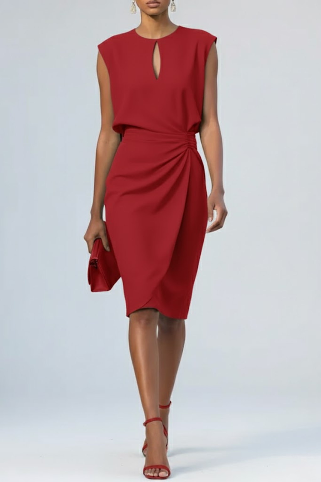 Deep red ruched midi dress with keyhole neckline and tulip hemline