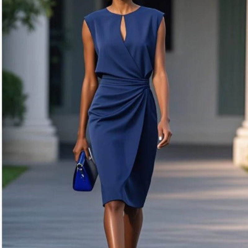 Navy keyhole midi dress with draped ruched waist and cap sleeves