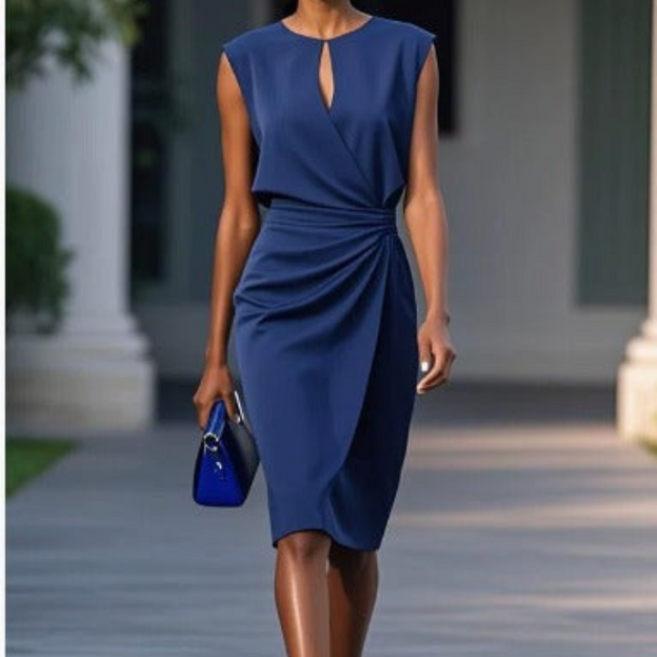 Navy keyhole midi dress with draped ruched waist and cap sleeves