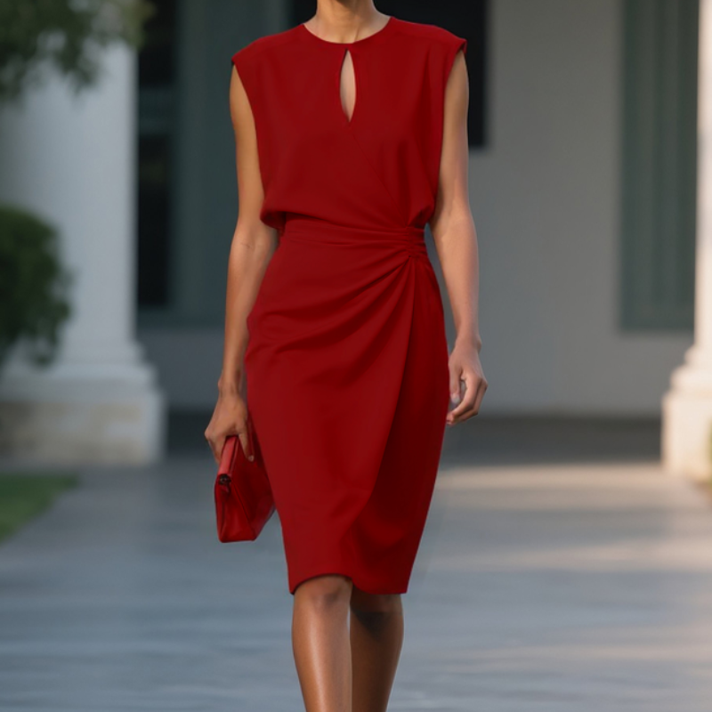 Red keyhole midi dress with ruched waist and matching clutch bag