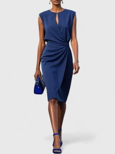 Navy blue keyhole midi dress with ruched waist and cap sleeves