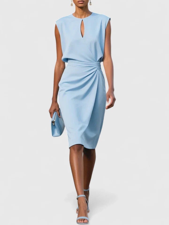 Pale blue keyhole midi dress with draped ruched waist detail