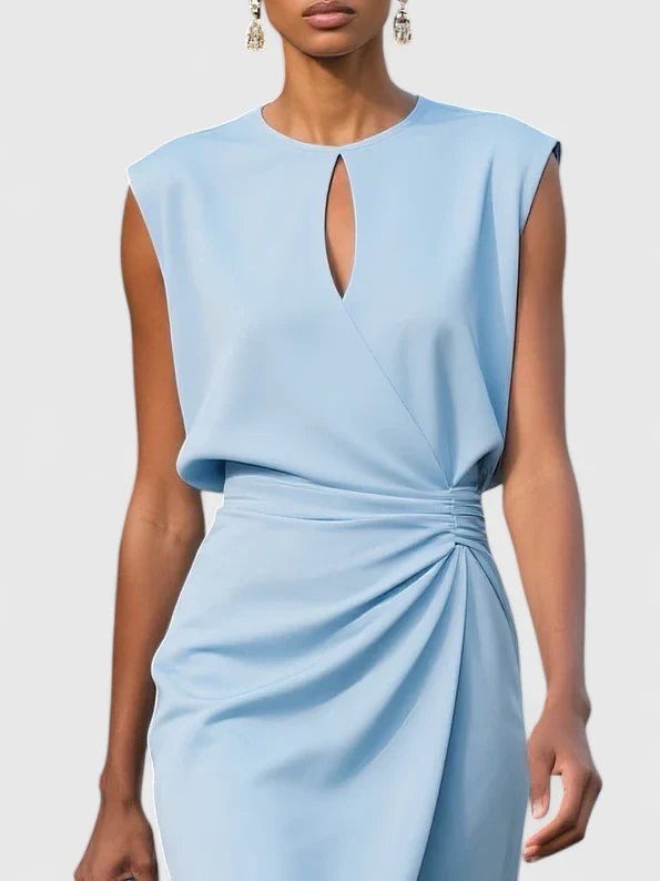 Pale blue midi dress bodice showing keyhole neckline and cap sleeves