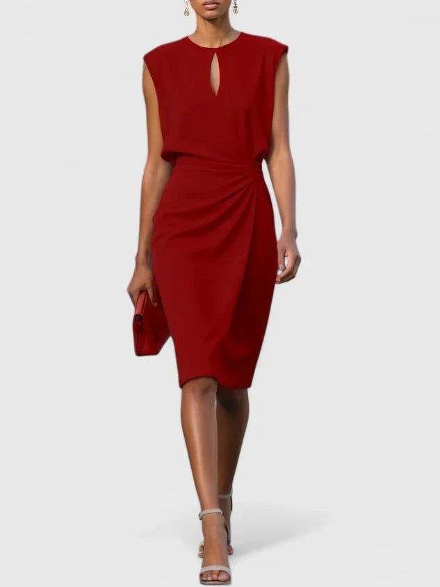 Deep red keyhole midi dress with cinched ruched waist detail
