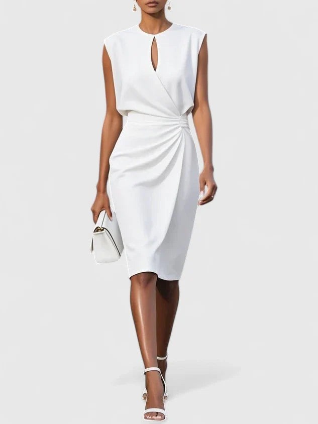 White keyhole midi dress featuring ruched waist and cap sleeves