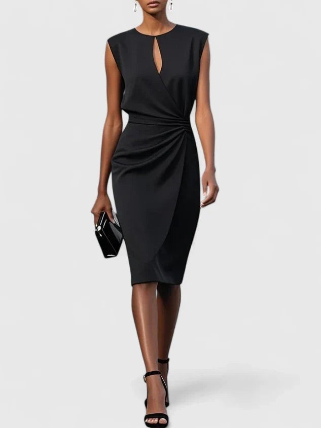 Black ruched midi dress with keyhole neckline and wrap-style skirt