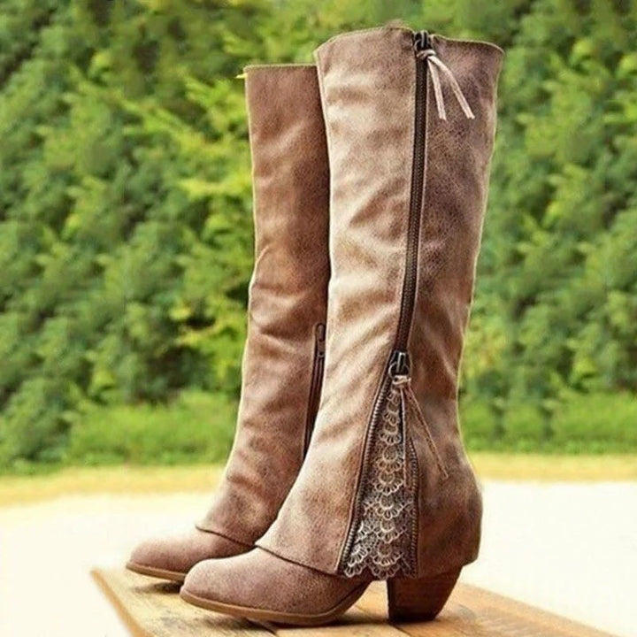 Taupe knee-high boots with front zip and lace panel detail