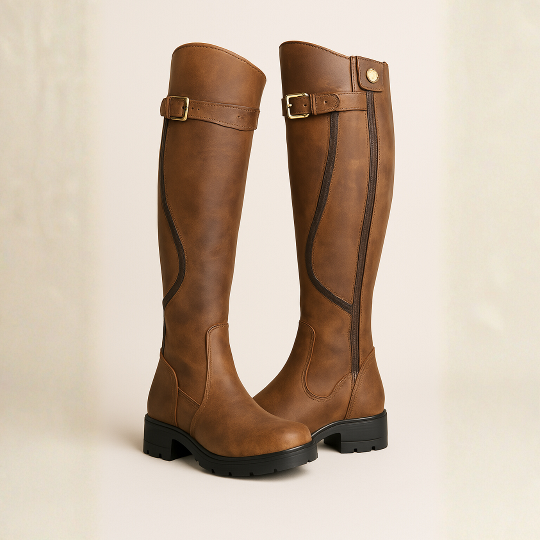 Tan leather knee-high boots with buckle strap and chunky black sole