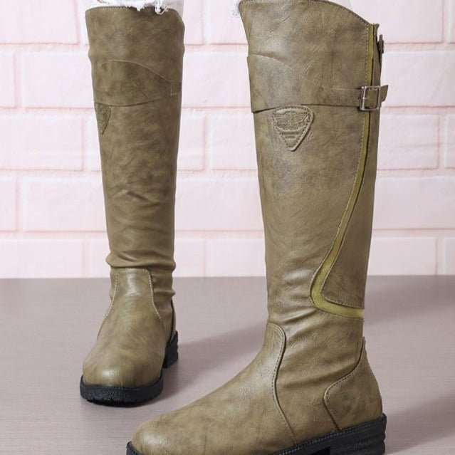 Khaki faux-leather knee-high boots featuring side zip and buckle strap