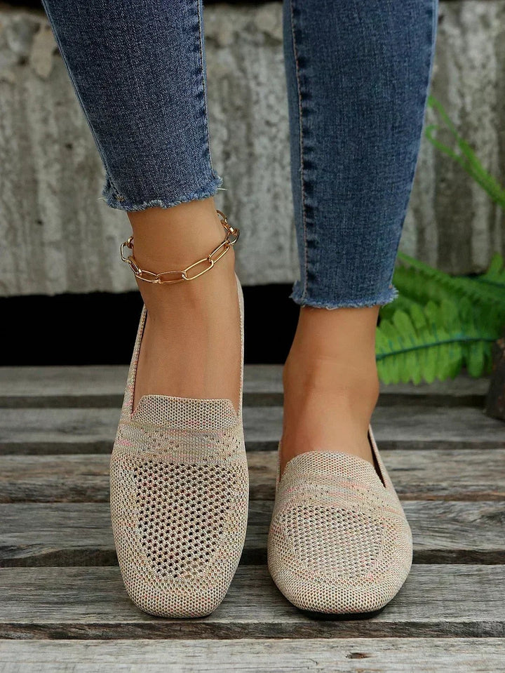 Speckled beige knitted flat loafers with perforated toe and square design