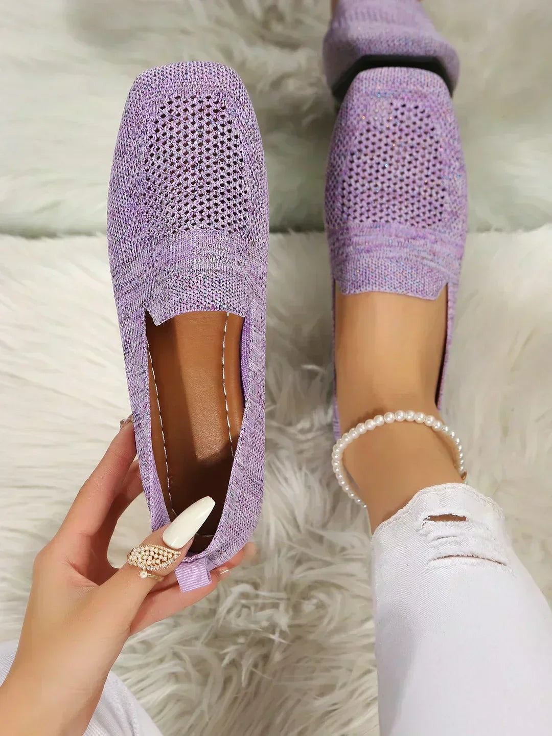Lilac knitted flat loafers featuring speckled texture and breathable mesh toe