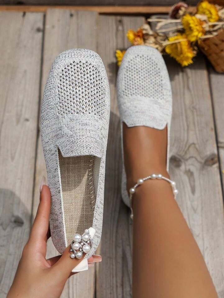 Grey marled knit loafers with woven insole and square toe