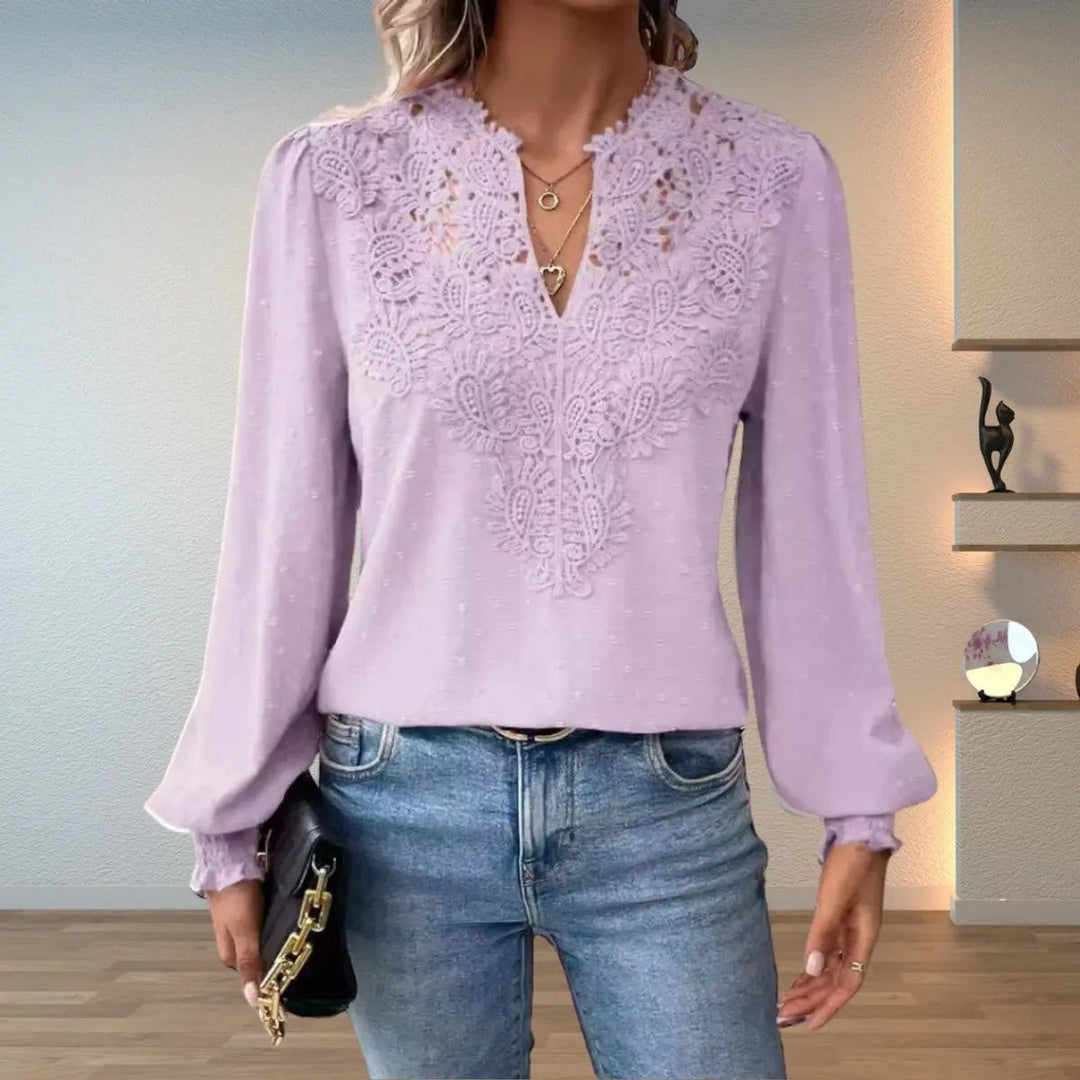 Lilac lace-detail blouse with V-neck and smocked cuff sleeves