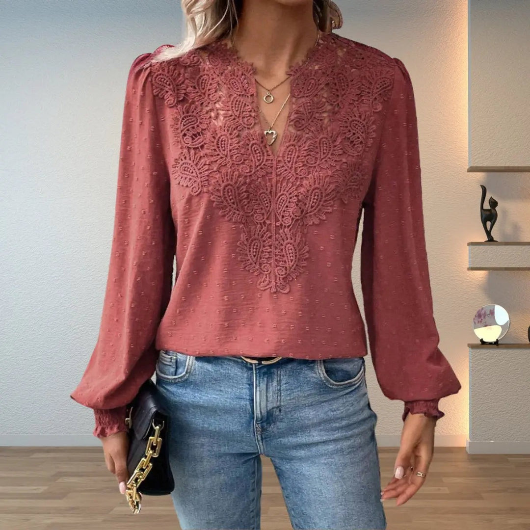 Dusky rose blouse with crochet lace bib and long sleeves