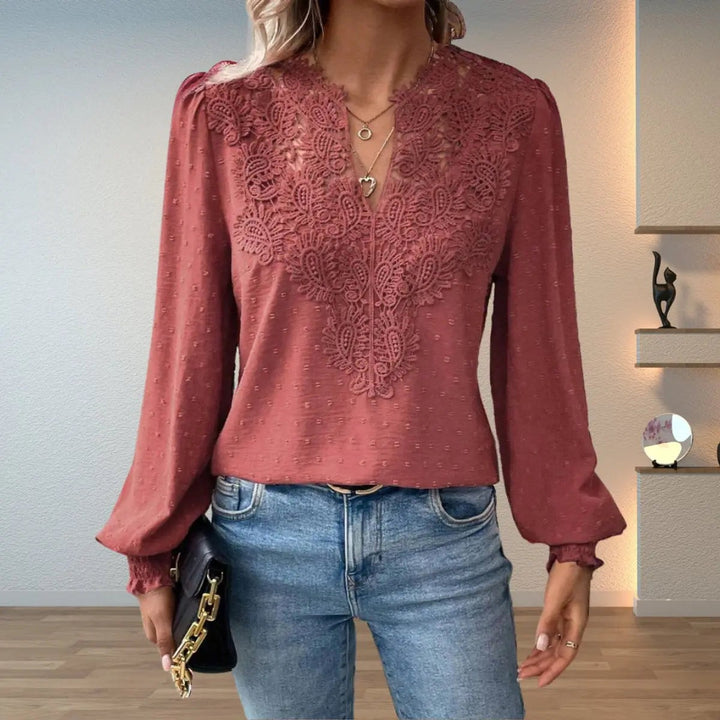 Dusky rose blouse with crochet lace bib and long sleeves