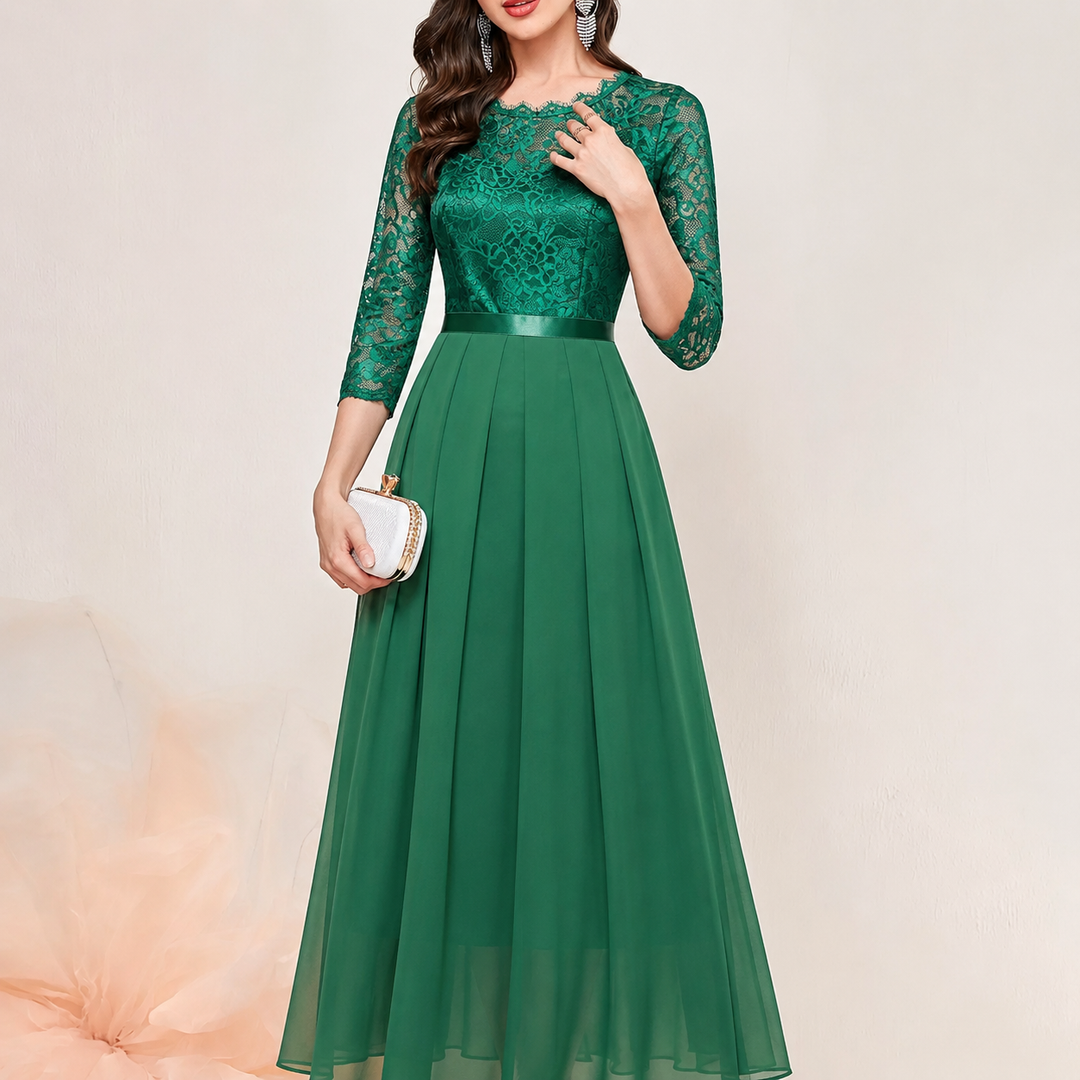 Green lace evening maxi dress with three-quarter sleeves and pleated chiffon skirt