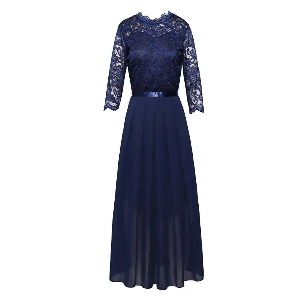 Navy floral lace maxi dress with satin waistband and pleated chiffon skirt, front view