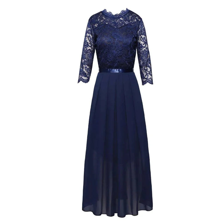 Navy floral lace maxi dress with satin waistband and pleated chiffon skirt, front view