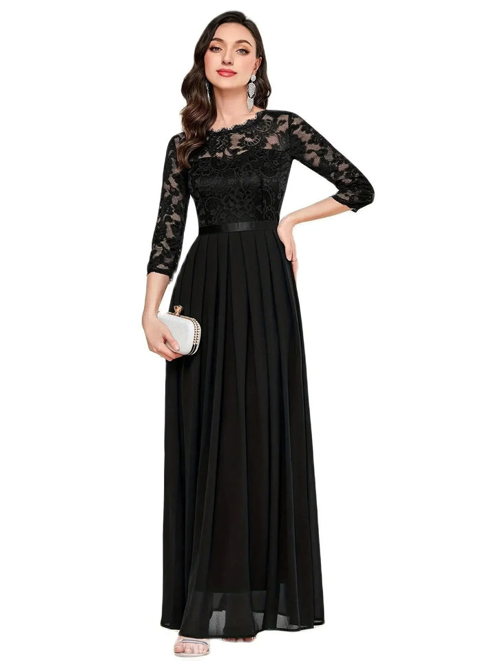 Black lace maxi dress with three-quarter sleeves and pleated A-line skirt
