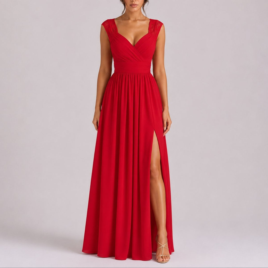 Red chiffon maxi dress with lace shoulder straps and thigh-high split