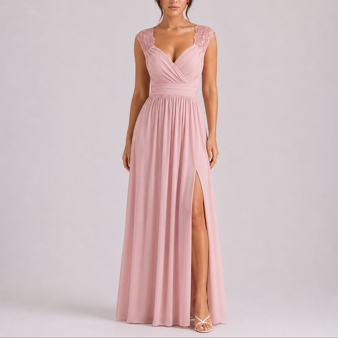 Dusty pink chiffon maxi dress featuring V-neckline and lace cap sleeves